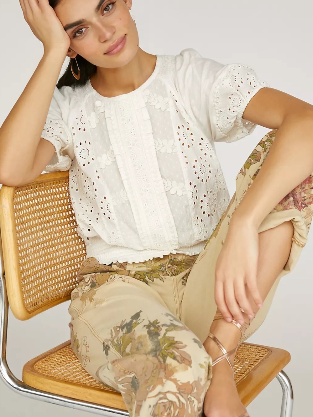 Anthropologie Porridge Freya Eyelet Lace Cotton Puff-Sleeve Blouse Open Back